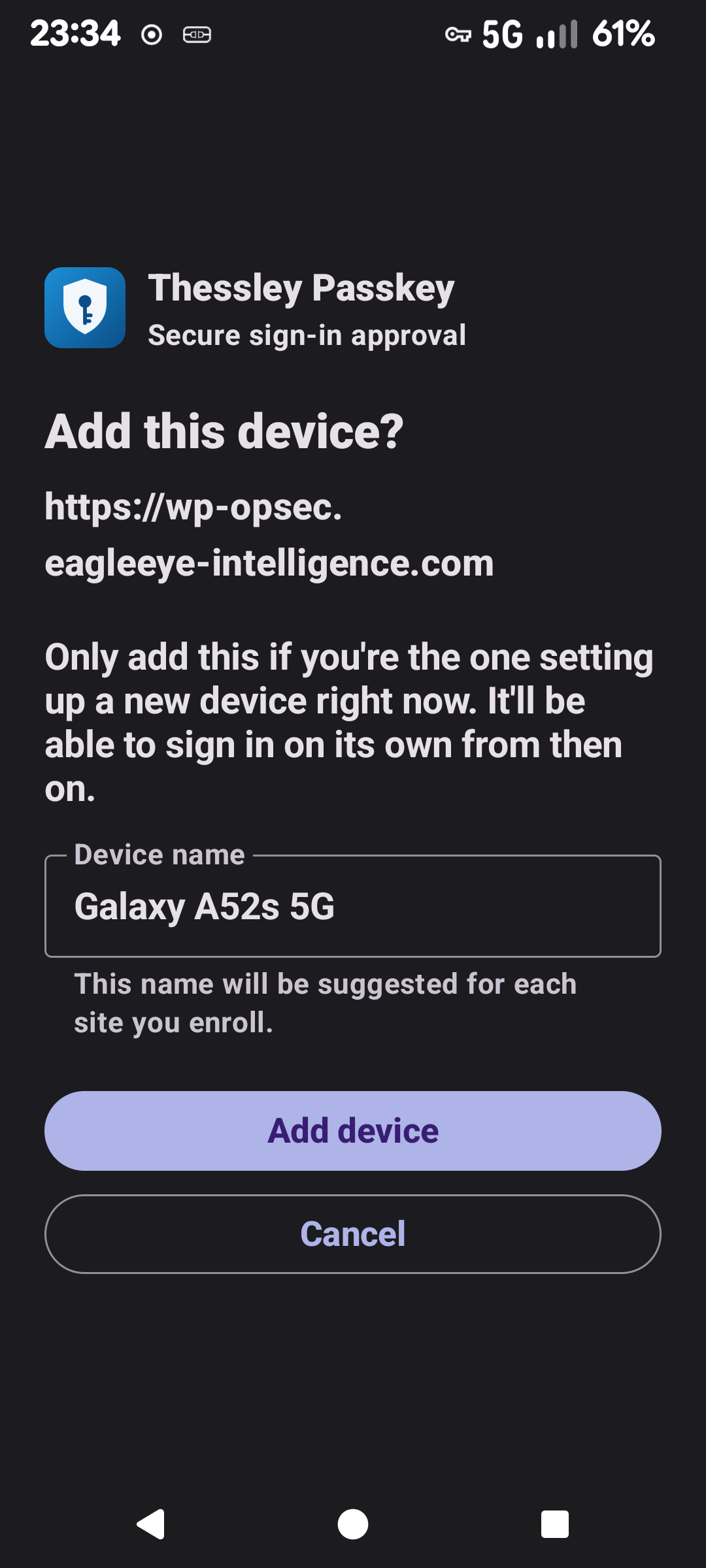 Thessley Passkey prompt asking whether to add this phone to a website account