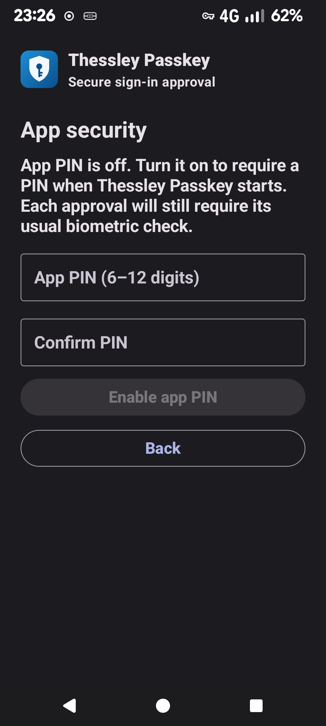Thessley Passkey app security settings screen